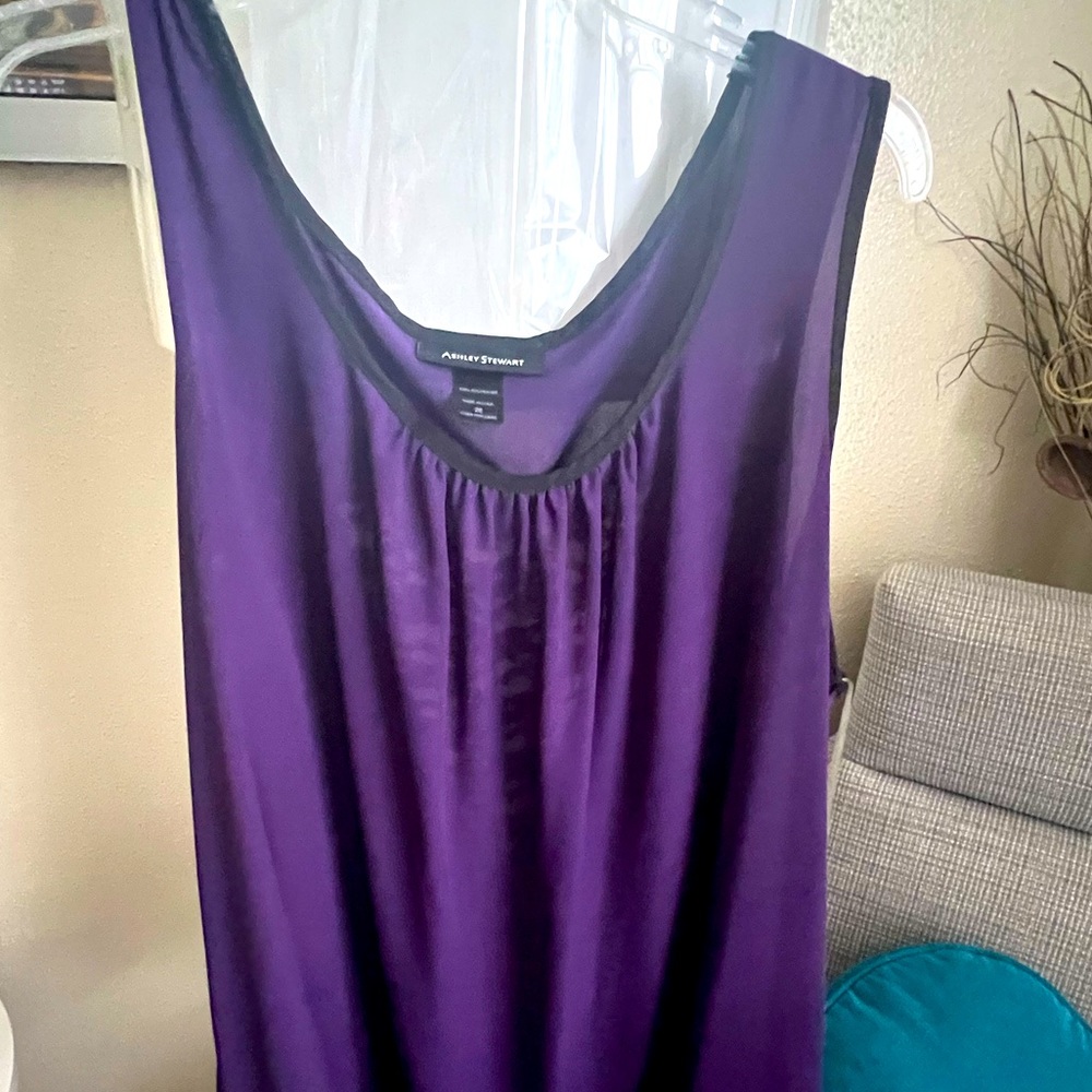 Purple no sleeves blouse black lace accents